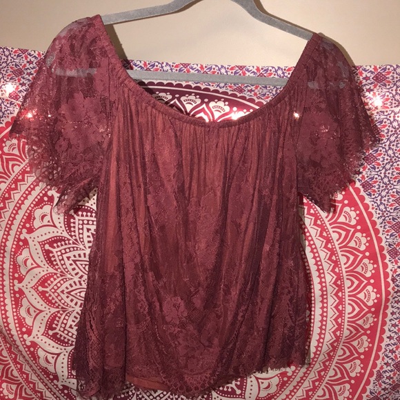 American Eagle Outfitters Tops - American Eagle Maroon Lace Cold Shoulder Top